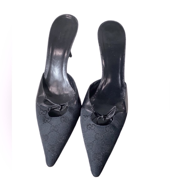 GUCCI Vintage GG Monogram Canvas Printed Bow Mules, in Black Sz 40 - Picture 1 of 8